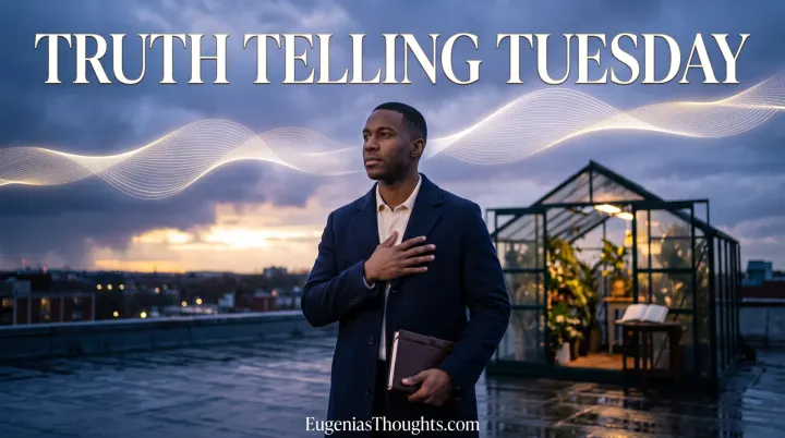 Black man holds a journal on a rooftop at dawn beneath luminous frequency waves and Truth Telling Tuesday text.