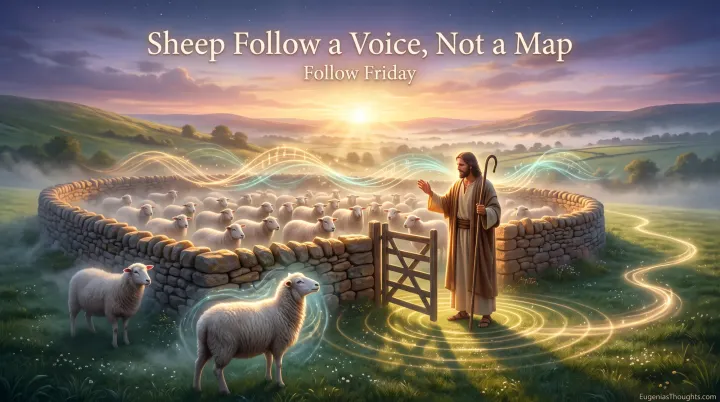 A shepherd at a stone sheepfold gate calls at sunrise as one glowing sheep turns toward him, golden sound waves and frequency rings flowing over the grass.