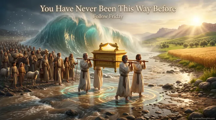 Priests carry the golden ark through the Jordan as a towering wave is held back, rings glow at their feet, and families follow toward golden wheat fields.