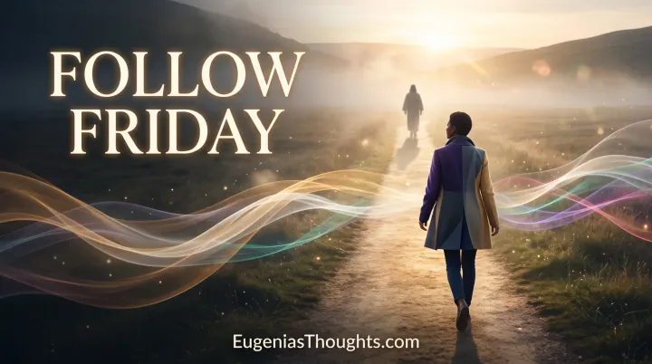 Person walks toward a bright figure on a sunlit path as glowing frequency waves flow through a valley.