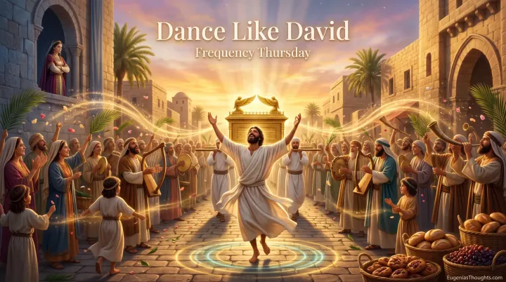 A barefoot man in white linen dances before the golden ark as musicians play, bread fills baskets, and a woman watches with arms crossed from a palace window.