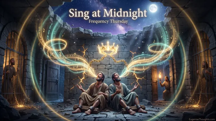 Two men in stocks sing in a cracked prison under a moonlit sky as golden sound waves lift their chains into a glowing crown while a jailer and prisoners watch.