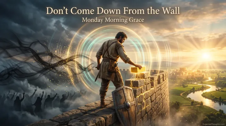A man lays a glowing golden brick atop a stone wall at sunrise as frequency rings turn dark smoke from a shadowy crowd into gold, a restored city beyond.