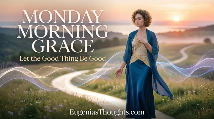 Woman in blue stands at sunrise as glowing frequency waves flow over a winding path through a peaceful landscape.
