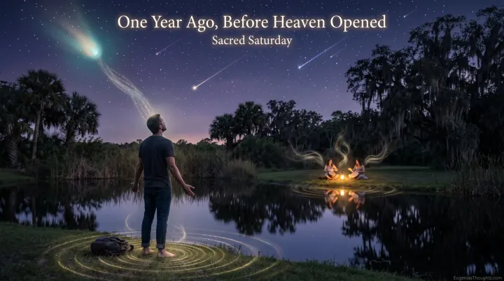 Barefoot man by a Florida pond at night gazes up as a glowing comet beams light to him, shooting stars fall, and two women play hand drums by lantern.