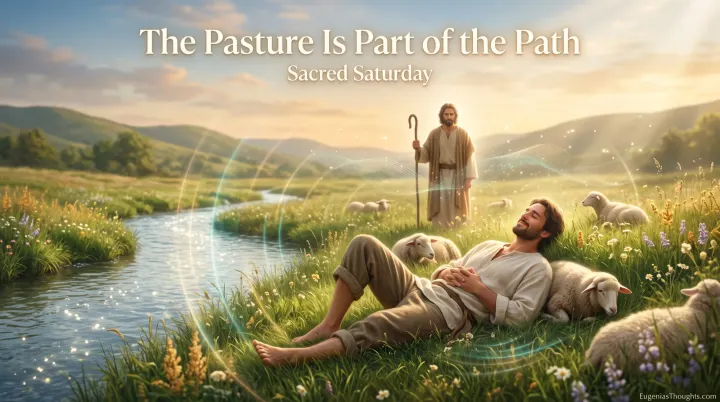 A smiling barefoot man rests against a sheep in a sunlit pasture by a stream as a shepherd with a staff keeps watch and soft frequency waves drift around them.