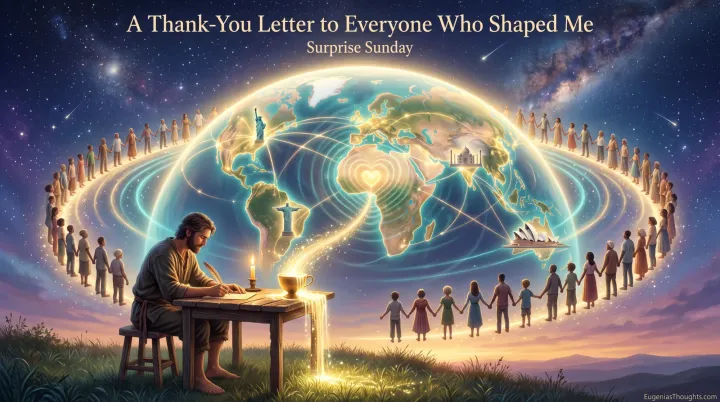 A barefoot man writes a letter by candlelight as his golden cup overflows beneath a glowing Earth ringed by people from every nation holding hands in unity.