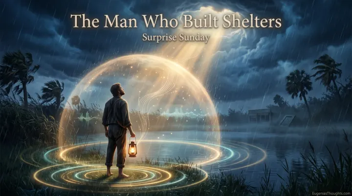 Barefoot man with a glowing lantern stands in a dome of golden light by a stormy pond as frequency rings ripple out and a ruined storm shelter sits in the mist.