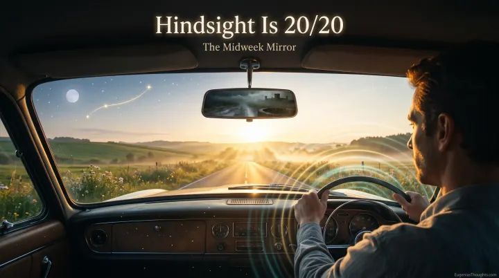 A man drives at sunrise as his rearview mirror reflects a stormy road, a well, and a prison, while a golden road, frequency waves, and linked stars glow ahead.