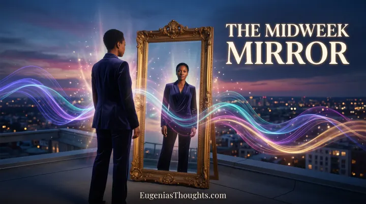 Woman facing a glowing mirror on a rooftop as colorful frequency waves surround her at dusk.