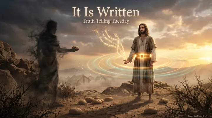 In a desert at sunset, Jesus stands calm in a glowing belt of truth as Hebrew script rises from His hand and a smoky tempter offers a stone shaped like bread.