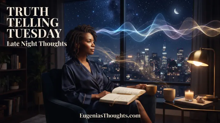 Black woman journals by a city window at night as glowing frequency waves move across a starry sky.