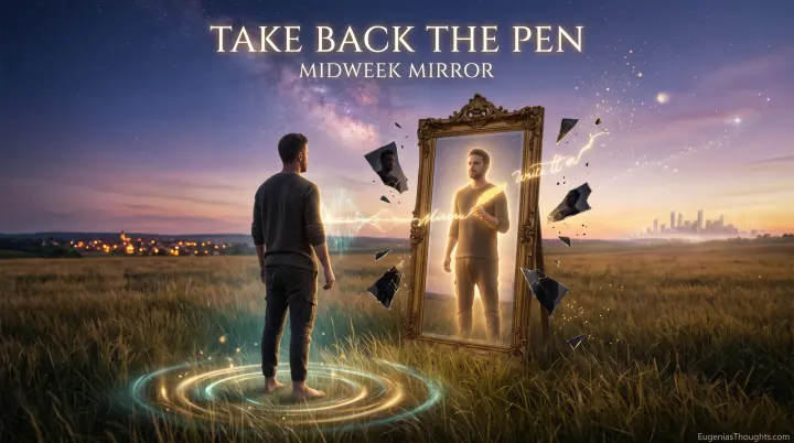 A barefoot man in a twilight field faces a golden mirror where his glowing reflection holds a quill as dark shards of false images break away into light.