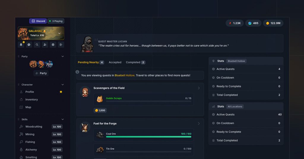 IdleMMO v0.55.0 Preview - Pets, Quests, Parties, Leagues, and more