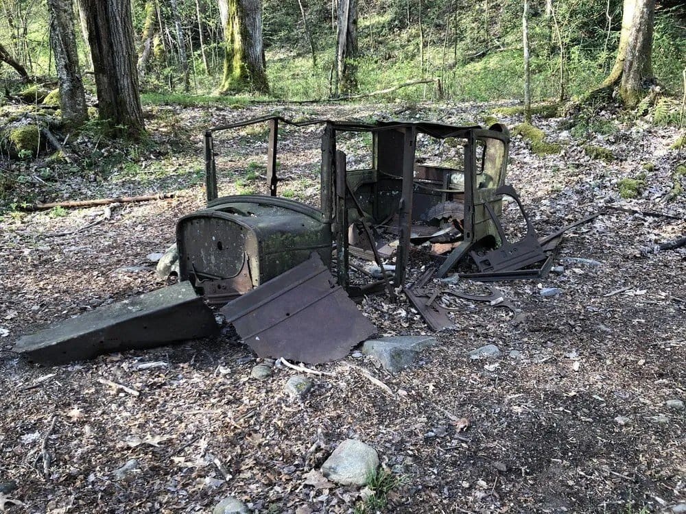 The remains of a 1920s or 30s-era Cadillac located just off the trail in the Great Smoky Mountains National Park.