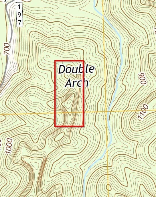 The area within the red box is an example of a ridge. Notice how the contour lines form an upward-facing V.