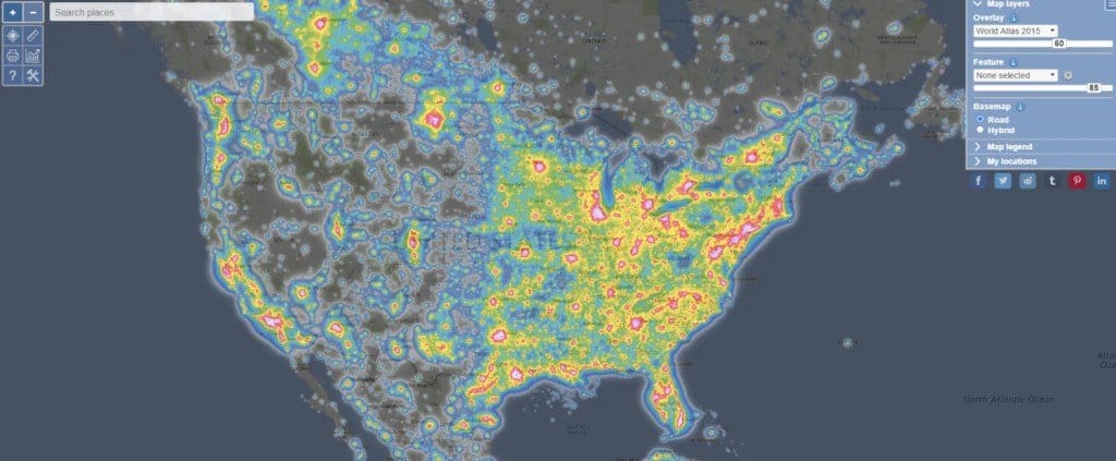 A map showing light pollution across the United States.