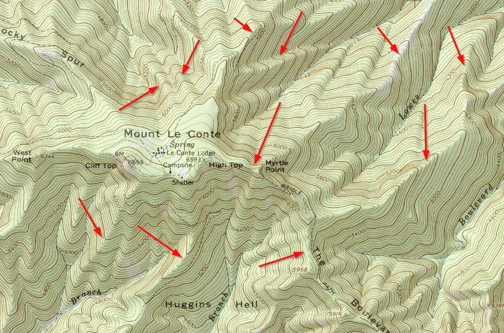 Another example of ridges might be Mt. Leconte in the Great Smoky Mountains, Tennessee. Here we can see many examples of ridges.