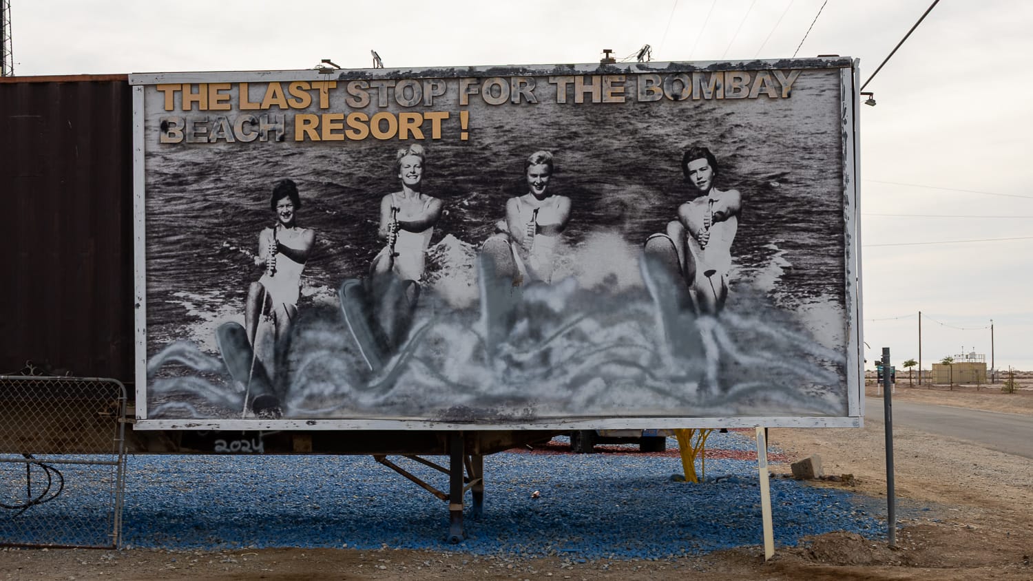An old bilboard advertising Bombay Beach in the Salton Sea, California.