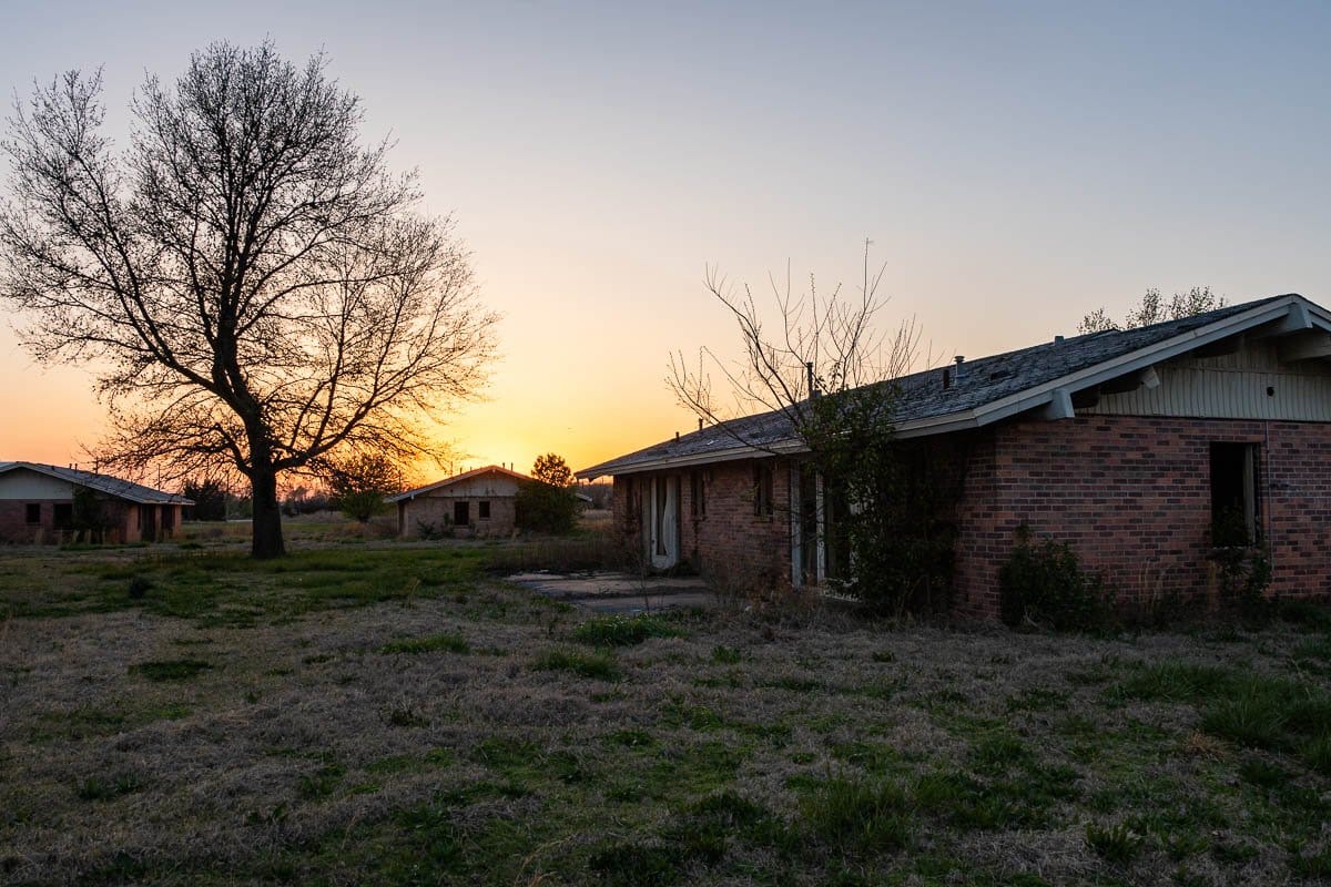 The sun setting on another day on what's left of the Picher, Oklahoma, ghost town.