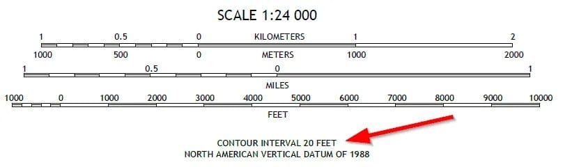 The contour interval on a USGS map is typically located under the map scale graphic. On this map, the interval is 20 feet. This means that the distance between each contour line on the map is about 20 feet in elevation.