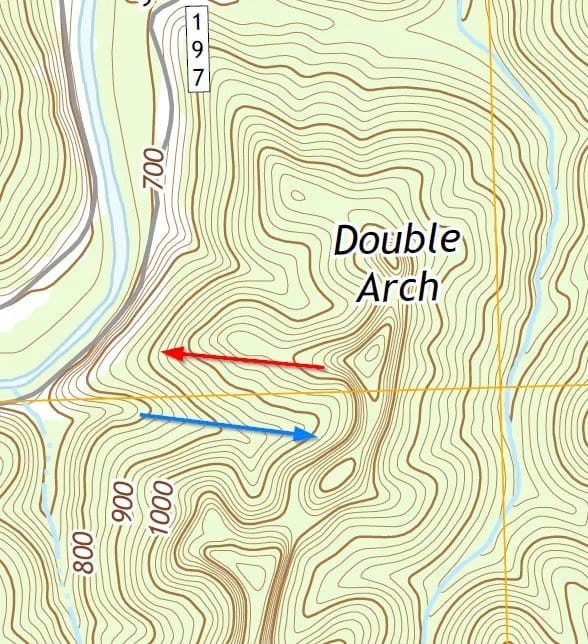 Following the blue route would take us uphill, whereas following the red route would be downhill.