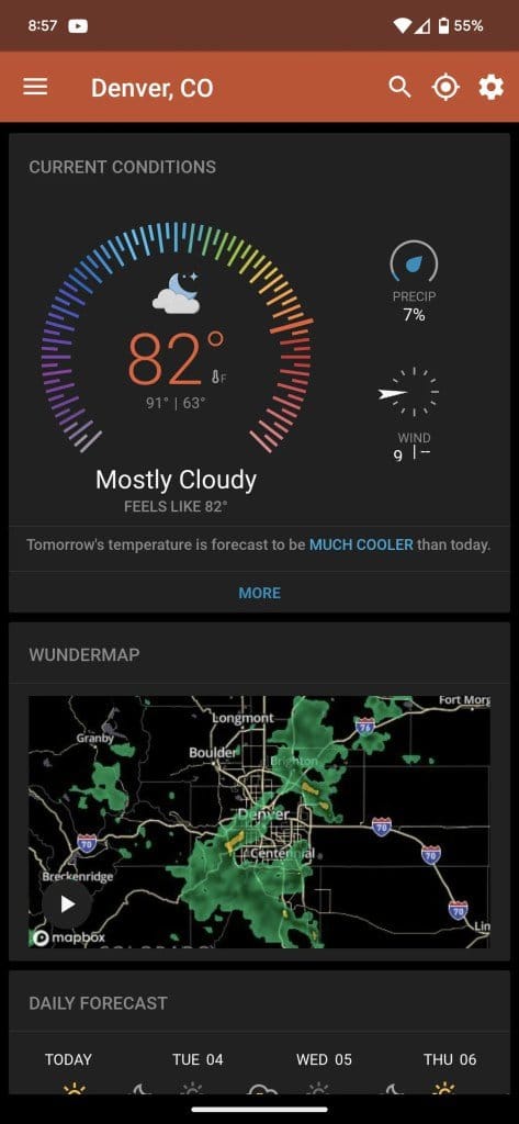 A screenshot of the Weather Underground app.