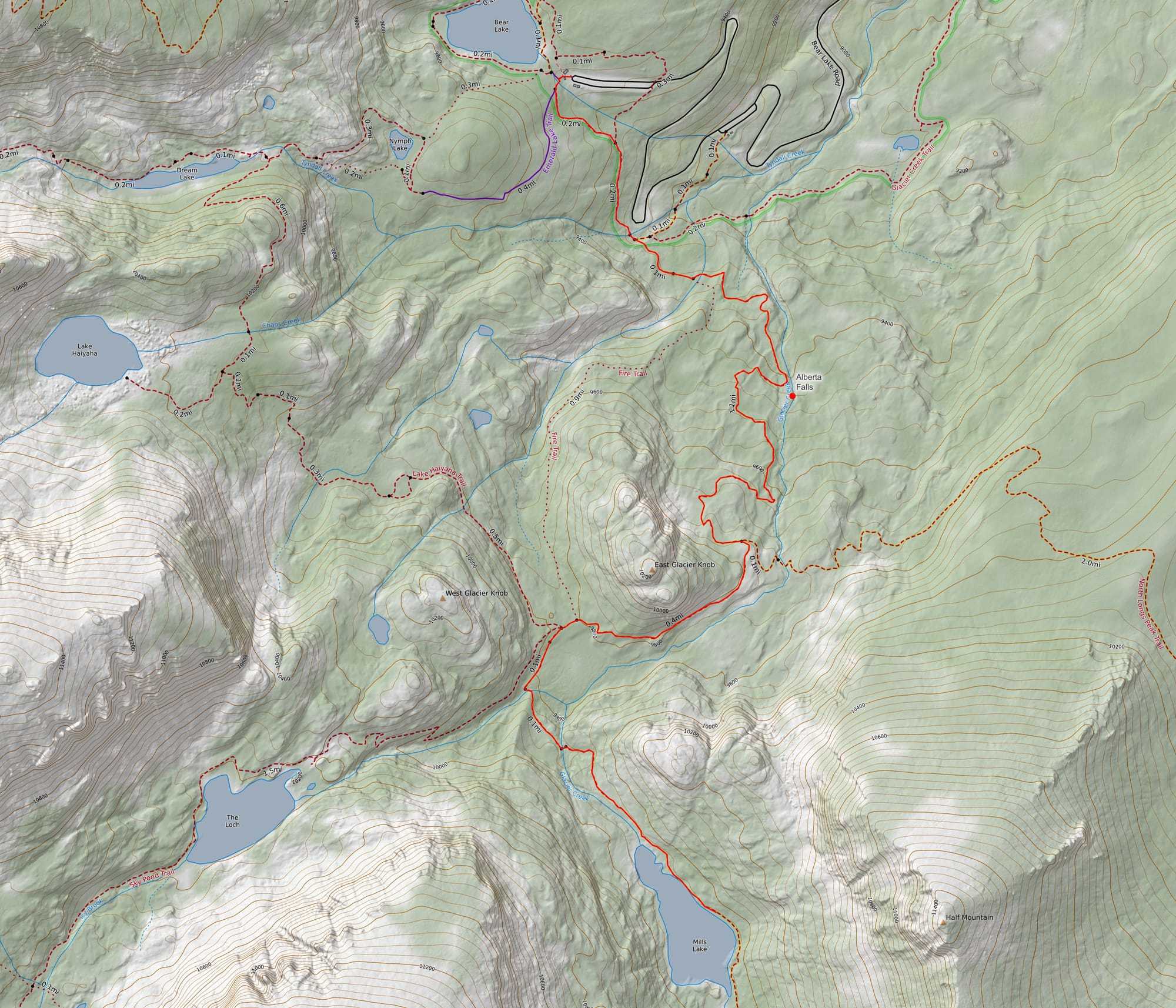 The route up to Mills Lake in Rocky Mountain National Park