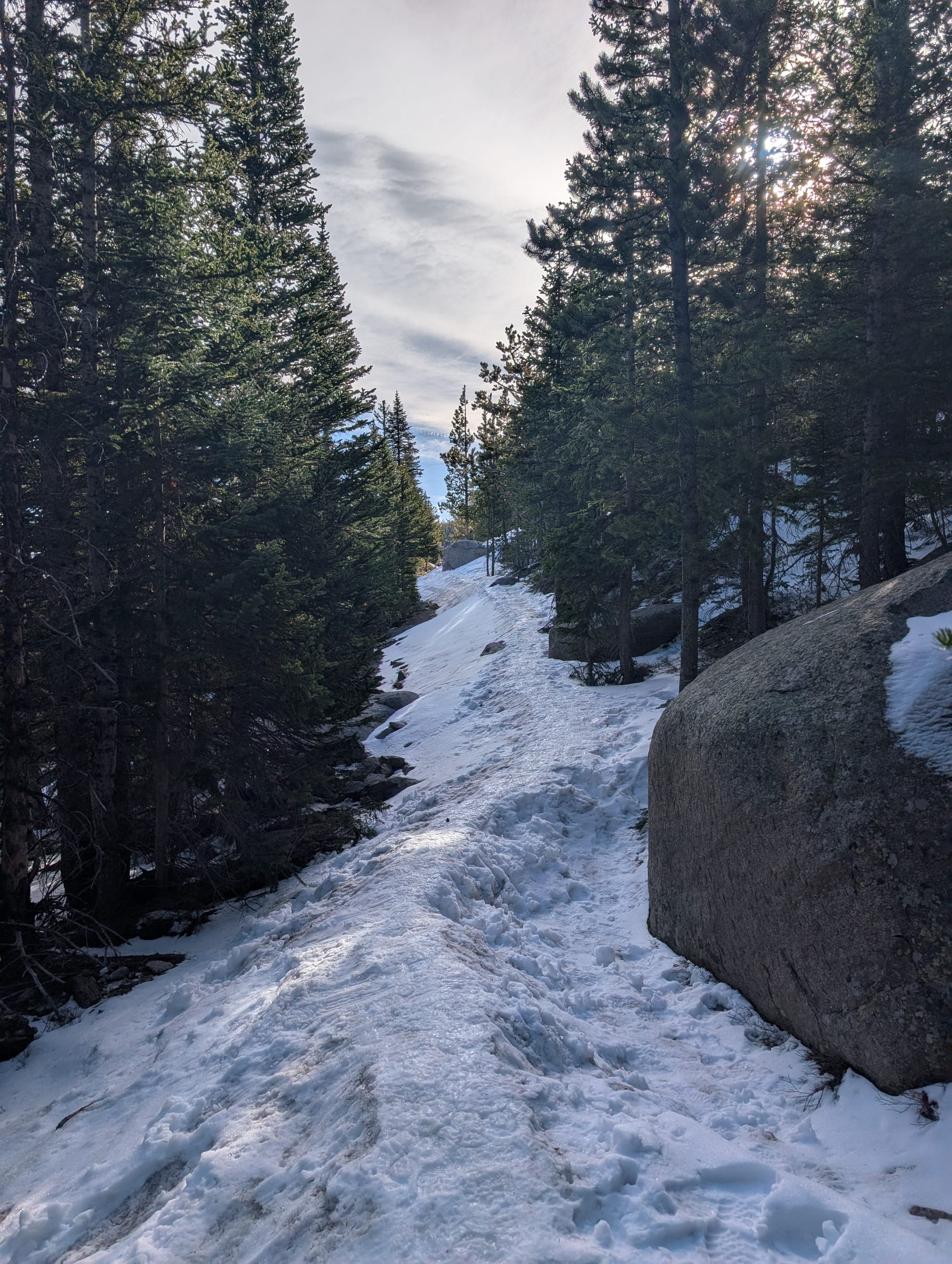 A section of the Glacier Gorge Trail in Rocky Mountain National Park covered in snow.