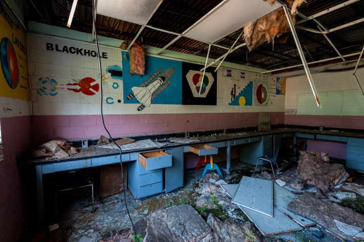 An old science classroom inside an abandoned school in rural Kentucky.