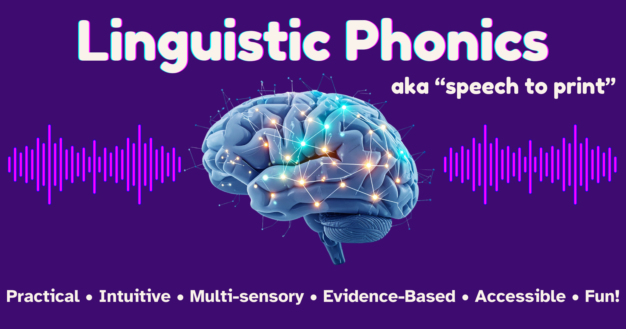 Image of a brain lighting up with connections, surrounded by sound waves, on a deep purple background. Text reads, Linguistic phonics, aka speech to print. Practical, intuitive, multi-sensory, evidence-based, accessible, fun.