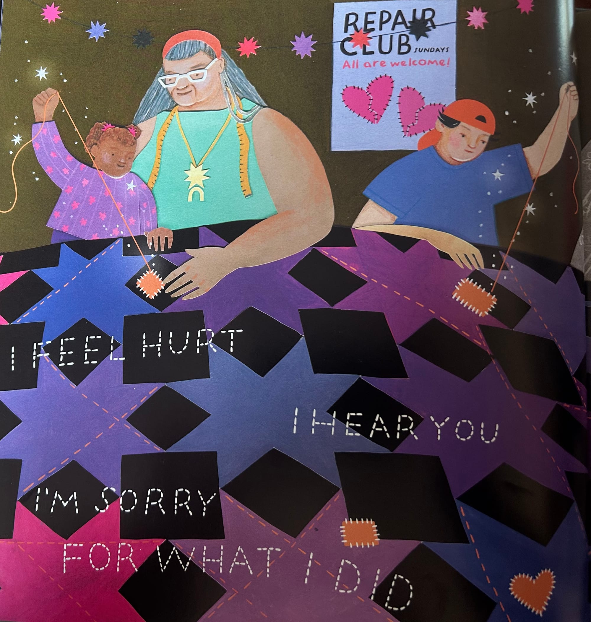 Image of two children and an adult sewing a quilt. A sign in the background reads, Repair Club. Sundays. All are welcome! The quilt is black, pink, purple, and blue and stitched with various messages: I feel hurt. I hear you. I’m sorry for what I did.