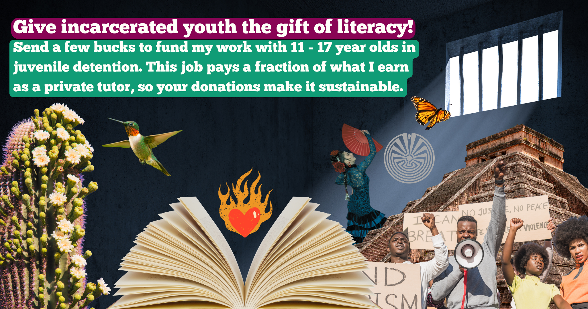 Give incarcerated youth the gift of literacy! Send a few bucks to fund my work with 11 - 17 year olds in juvenile detention. This job pays a fraction of what I earn as a private tutor, so your donations make it sustainable. Text over a collage of inspiring images (a flaming heart, a butterfly, a flamenco dancer, students protesting, a Mayan pyramid, a hummingbird and blooming saugaro) over a dark prison cell with light streaming through a barred window.