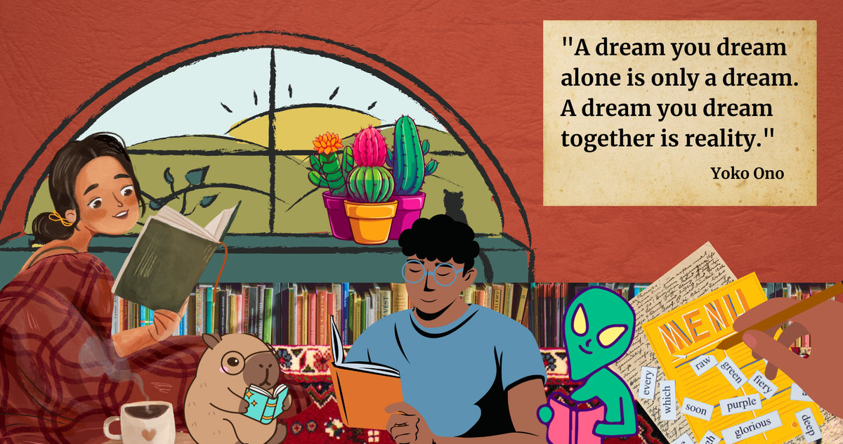 Collage of two young people, a capybara, and an alien reading in a library. One person has a steaming hot beverage, and a cat is looking out a window at the sunset next to some cactus pla