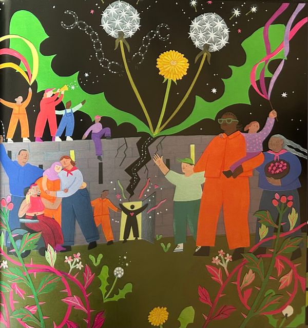 A prison wall cracks open as people of all ages smile, hold hands, hug, and play music. Dandelions and other colorful plants and vines overgrow the gray prison walls.