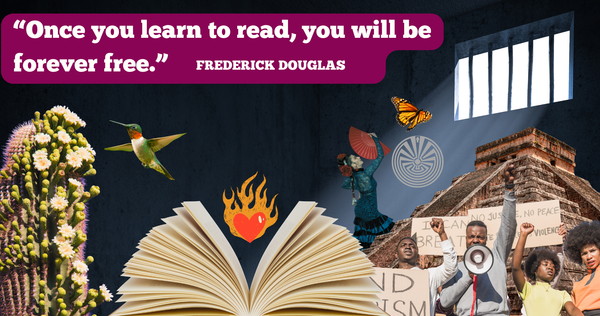The quote "Once you learn to read, you will be forever free" by Frederick Douglas, over a collage of inspiring images over a dark prison cell with light streaming through a barred window.