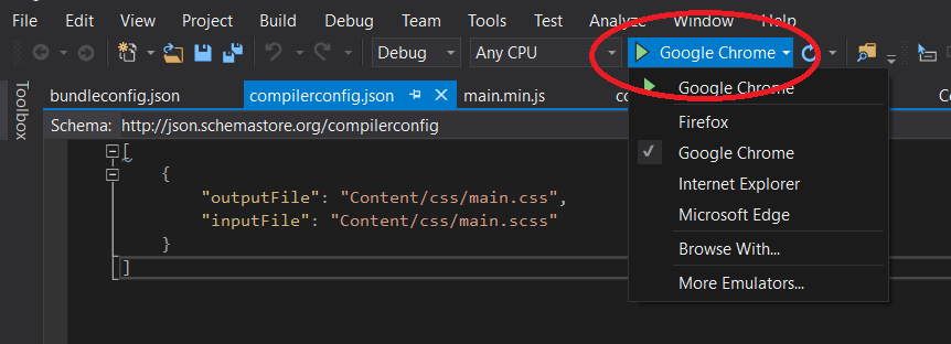 Image of how to change browser in Visual Studio