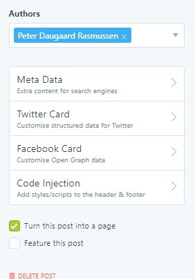 Ghostblog - check "turn this post into a page", in order to create a static page