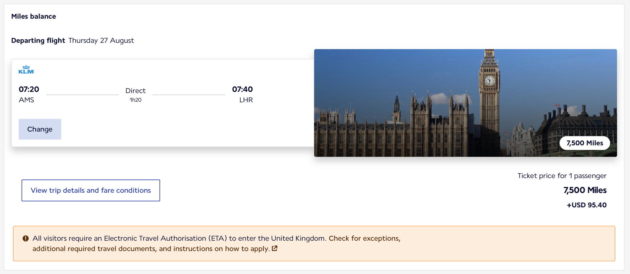 A Flying Blue award ticket from Amsterdam to London.