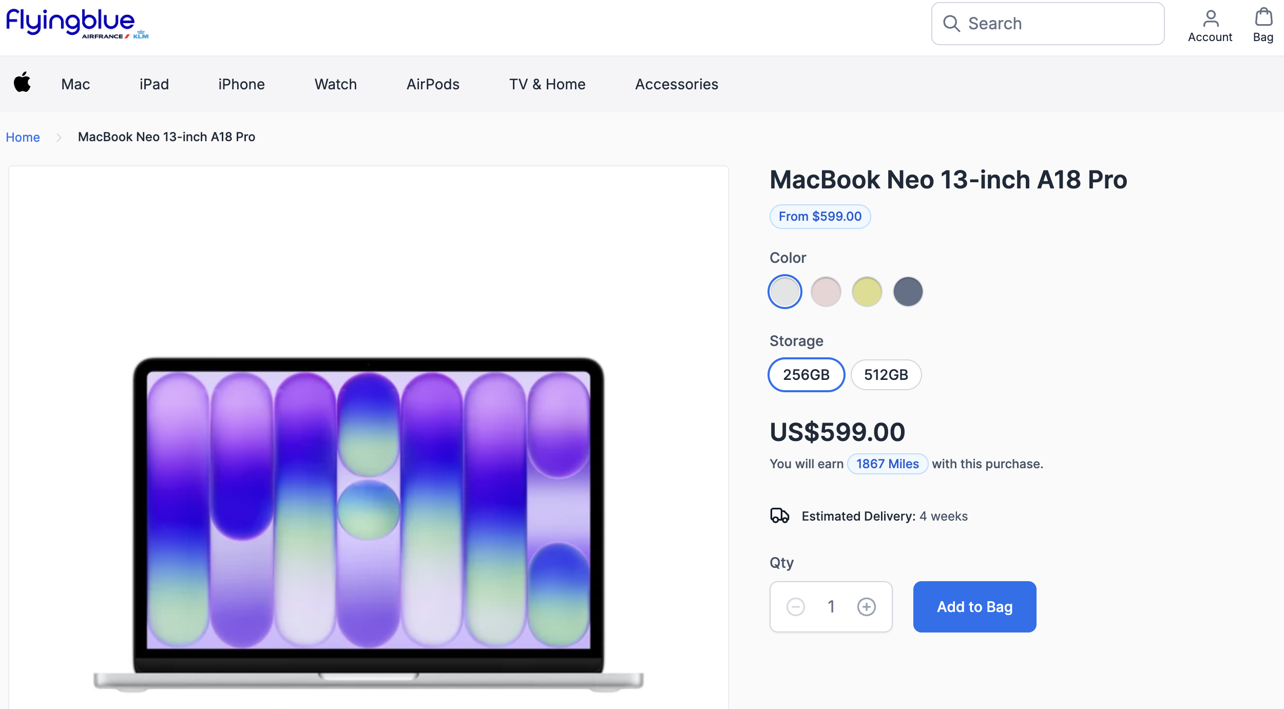 Flying Blue Apple store page for the MacBook Neo 13-inch, priced at $599 and earning 1,867 Flying Blue Miles.
