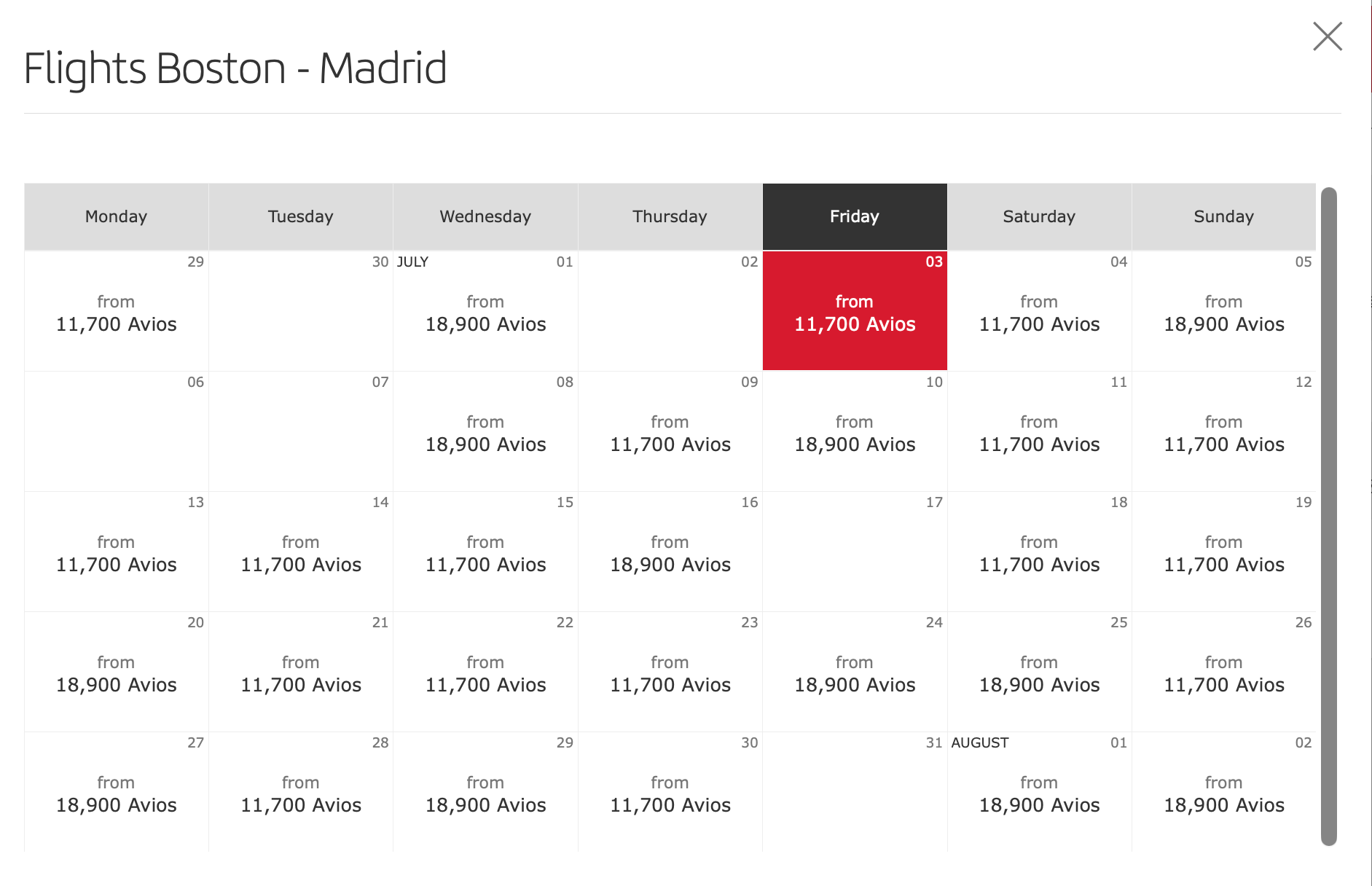 beria award calendar showing Boston to Madrid economy flights priced from 11,700 or 18,900 Avios per day across July 2026, with Friday July 3 selected.