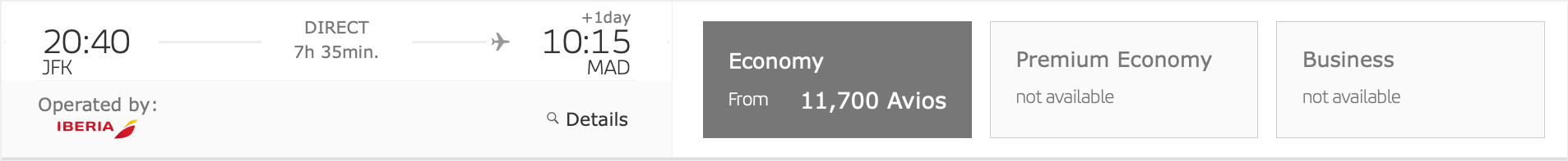 Iberia direct flight from New York (JFK) to Madrid (MAD) bookable for 11,700 Avios in economy