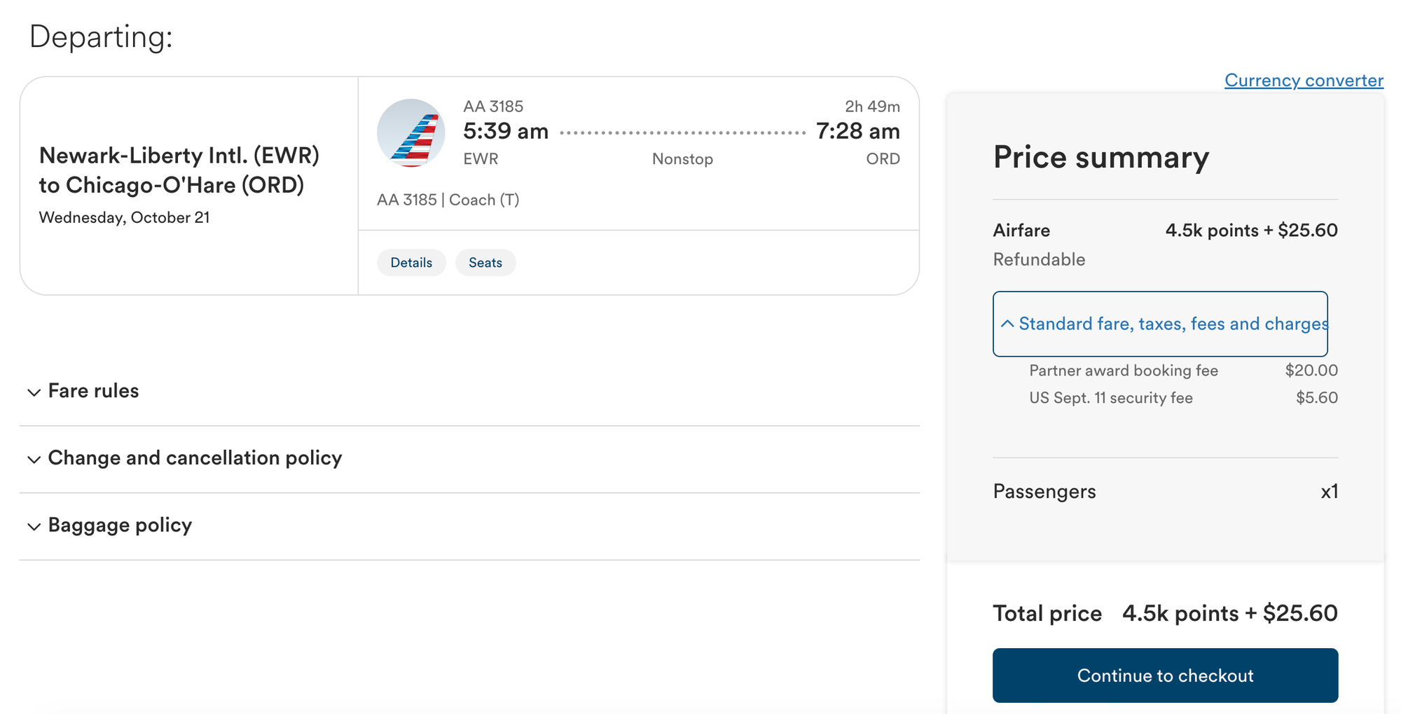 A screenshot of an Atmos Rewards awards ticket on American Airlines