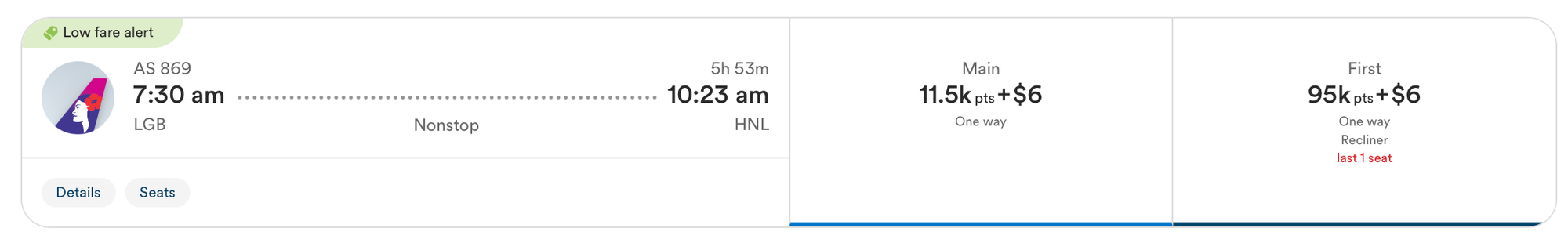 An Atmos Rewards award ticket on Hawaiian Airlines from Long Beach to Honolulu.