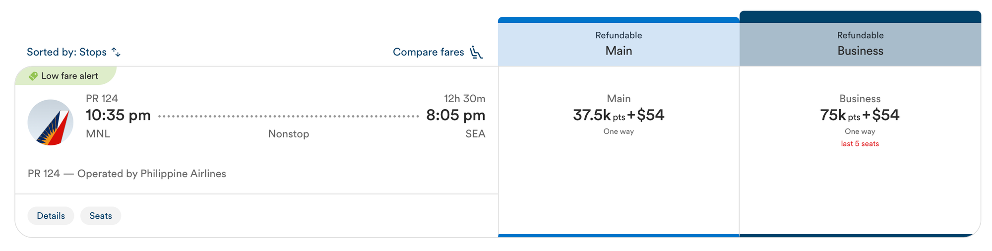 A screenshot of a Philippine Airlines award flight on Alaska Airlines' website.