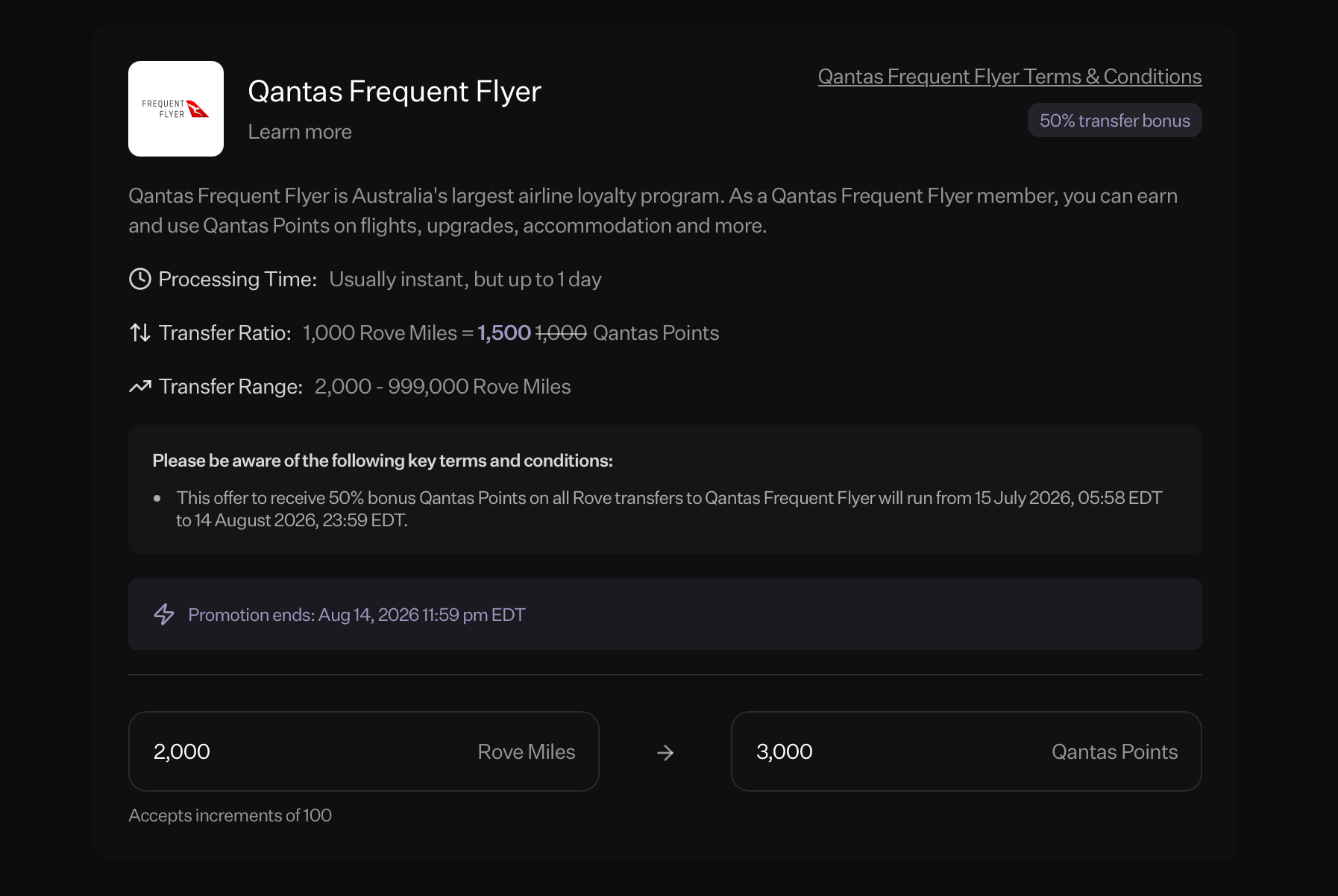 Screenshot of the Rove Miles to Qantas Frequent Flyer transfer page.