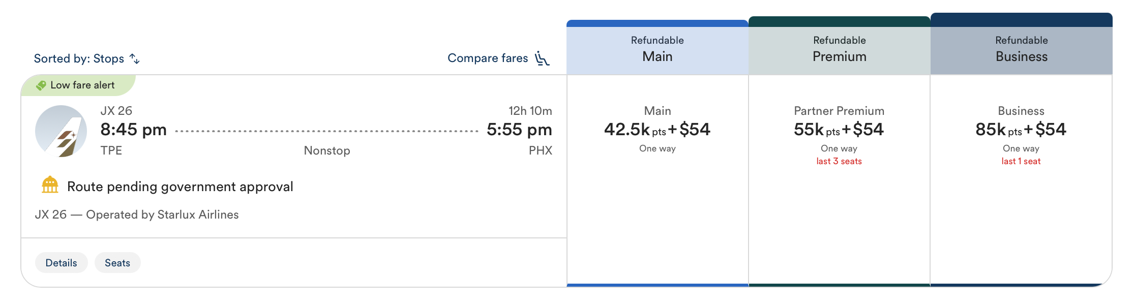 A screenshot showing a Starlux flight from Taipei to Phoenix on Alaska Airlines' website.