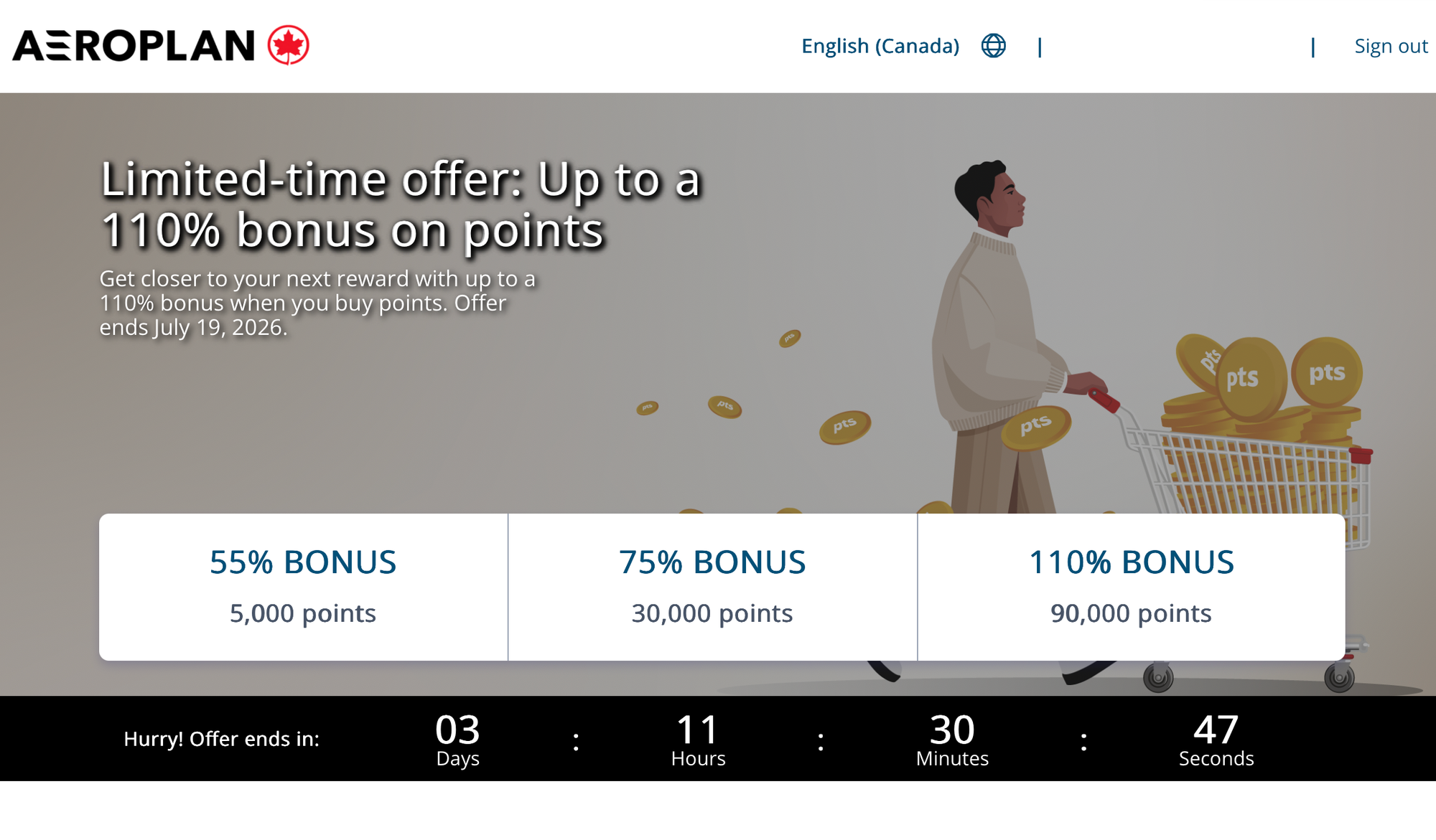 Screenshot of a buy Aeroplan points landing page.