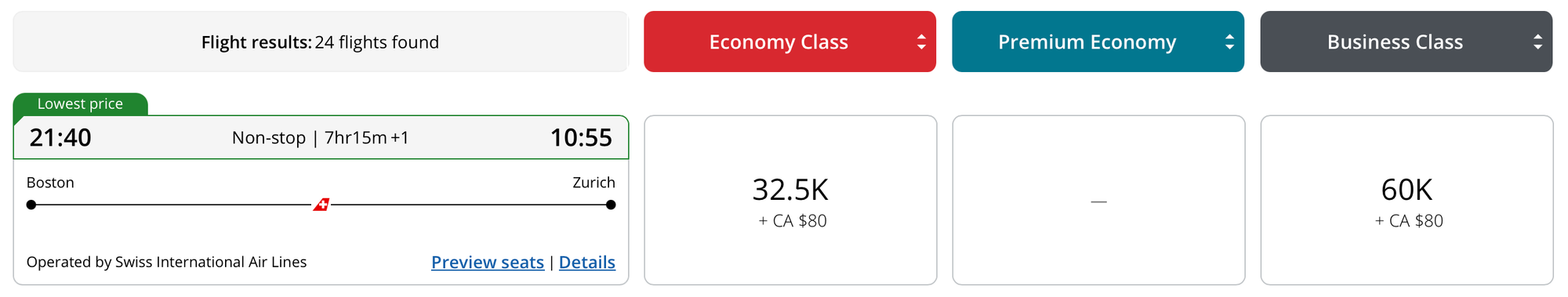 A screenshot of a Swiss Air award on Aeroplan's website.