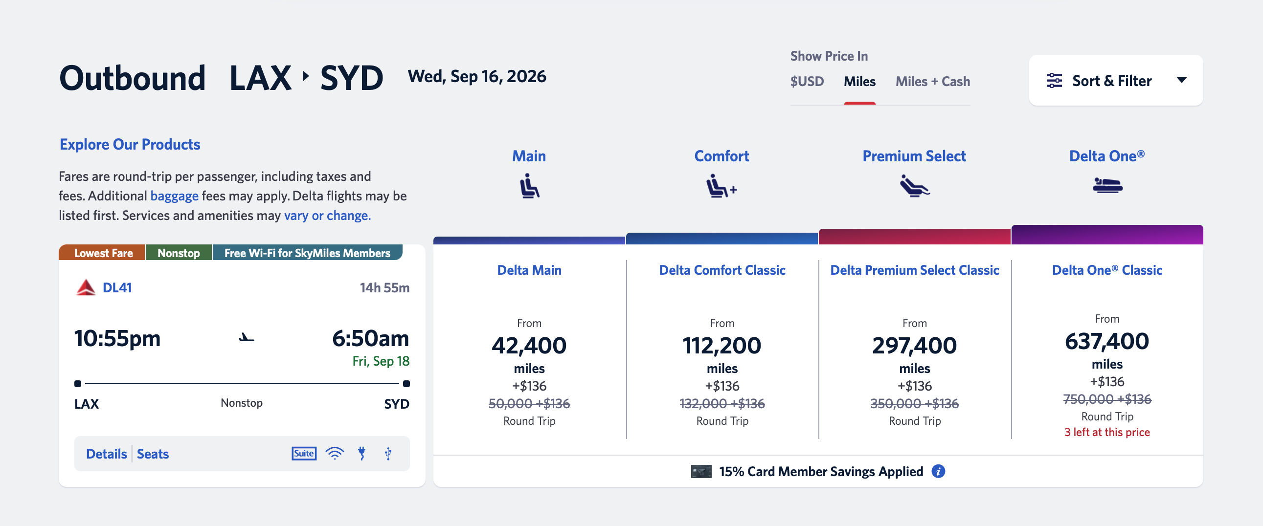 A screenshot of Delta awards pricing for flights from Los Angeles to Sydney.